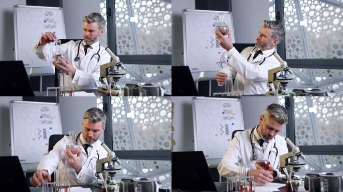 受人尊敬的白发男医生在医学实验室用试管和烧瓶中的液体做化学实验