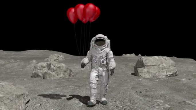 宇航员带着红色气球在月球上行走。月球上的生日庆祝活动。3d渲染。
