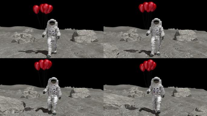 宇航员带着红色气球在月球上行走。月球上的生日庆祝活动。3d渲染。