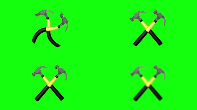 8动画3d锤子纵横交错工具符号劳动工人绿屏色度键