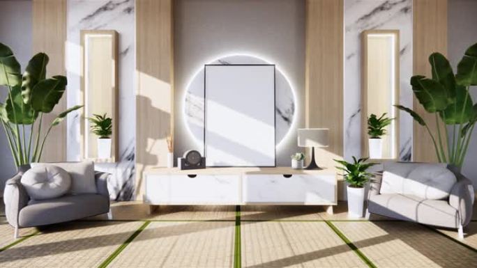现代空房间的木柜电视和白色地板房间的白色墙壁热带风格。3d渲染