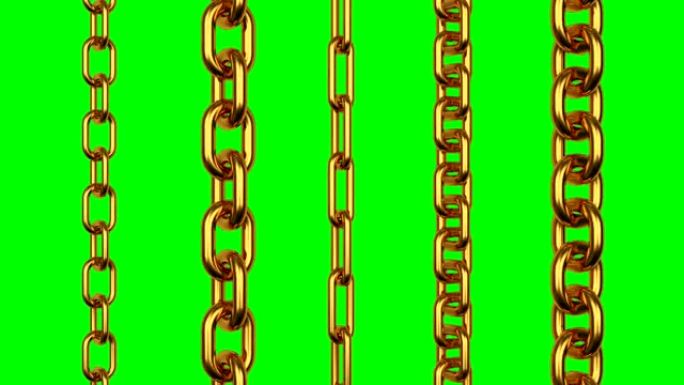 金链的3D动画在绿色屏幕上旋转。4K