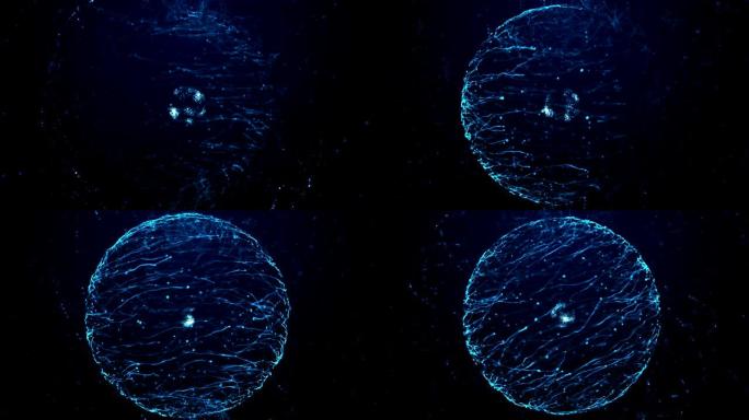 蓝色粒子能量球。摘要技术、科学、工程和人工智能运动背景。