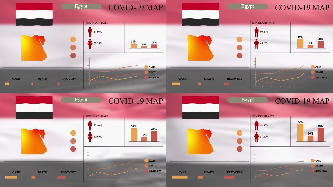 埃及冠状病毒或COVID-19大流行信息图形设计，埃及地图带旗帜，图表和指标显示病毒传播位置，信息图
