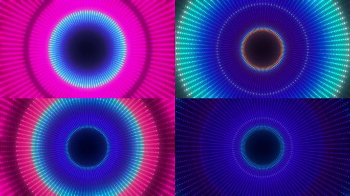 闪耀霓虹灯的无限彩色隧道。圆圈形成隧道扇区。抽象网络彩色动画。几何无限复古迪斯科视频。可循环的4k 