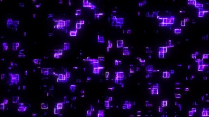 关于矩形发光线条的2D动画。图形在黑色背景上缓慢上升。颜色是紫色的。