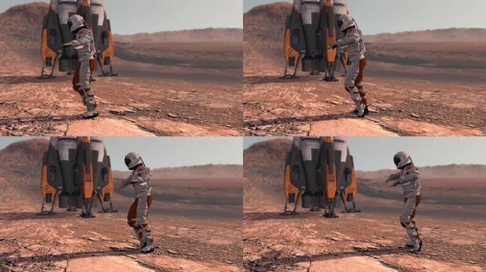 宇航员在火星红色星球上跳舞。探索火星任务。未来殖民和太空探索概念。火星上的殖民地。NASA提供的这段