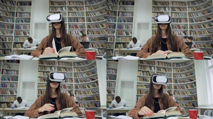 坐在大学阅览室里戴着虚拟现实耳机翻阅一本书的迷人满意的聪明年轻女子的特写
