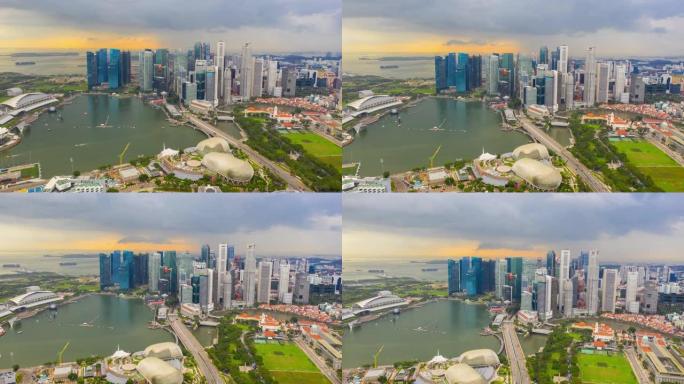 日落风暴天空新加坡城市著名滨海湾市中心空中延时全景4k