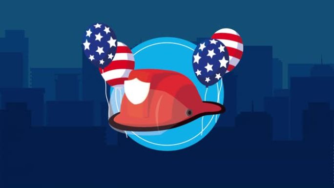 劳动节庆祝快乐，气球，氦气和消防员帽的美国国旗