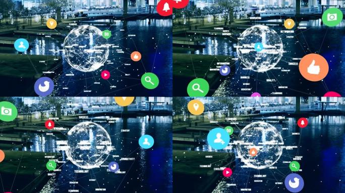 连接网图标和旋转地球对抗城市湖