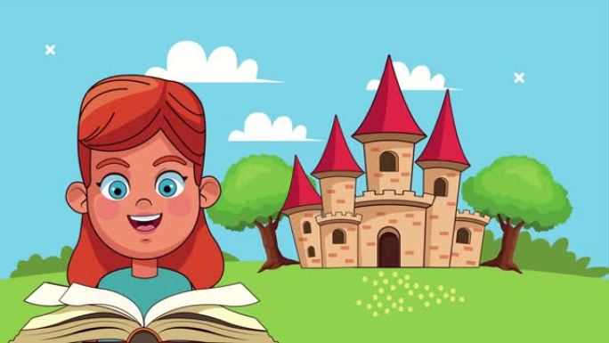 小学生女孩在营地读书与城堡动画角色
