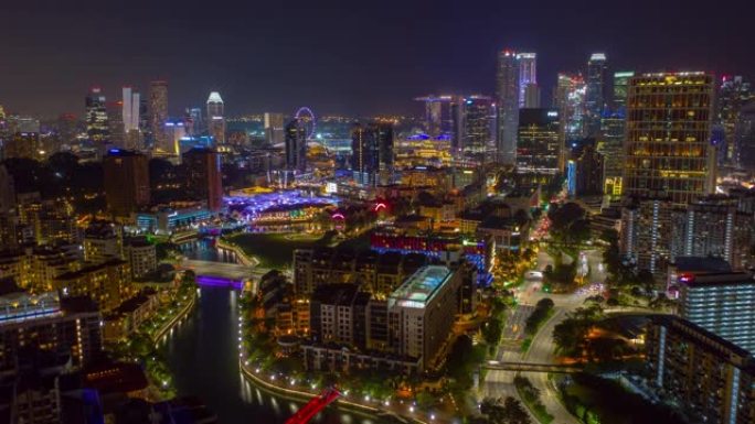 夜间照明新加坡市中心交通街道空中延时全景4k