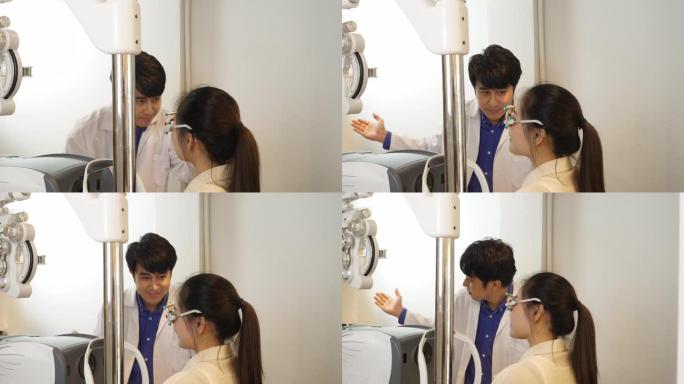 男性验光师使用光学试验镜架检查女性视力，而男性眼科医生在脸上戴着镜片尝试试验镜架并提问
