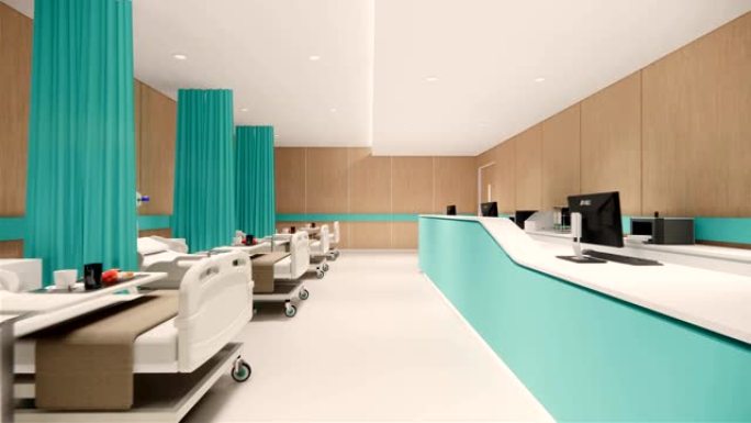 3d渲染。医院内部现代设计。柜台和等候区空接待医疗实践概念4k