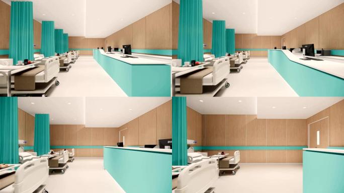 3d渲染。医院内部现代设计。柜台和等候区空接待医疗实践概念4k