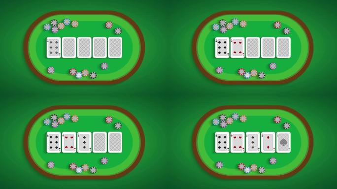 六低在扑克桌上。卡片在桌子上翻过来。平面风格的运动图形。