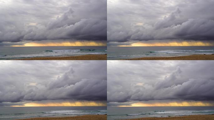 自然视频在日落时大多多云。季风季节暴雨落入海中广角拍摄全景拍摄苹果Proress 422(HQ) 4