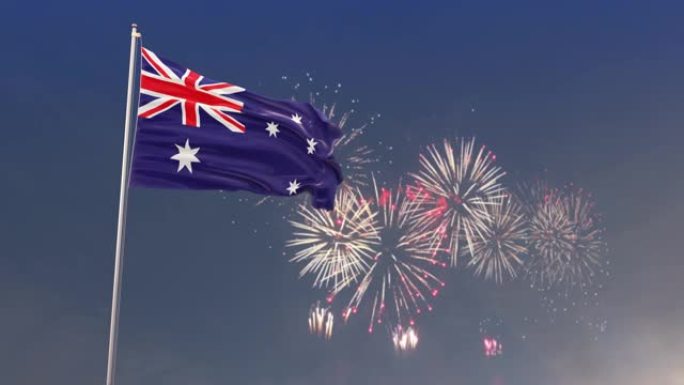澳大利亚国旗与烟花背景与不同的运动角度