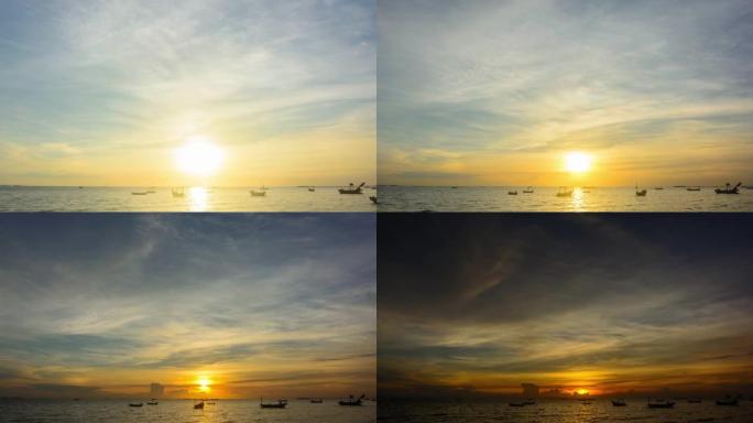 日落在海滩上延时，天空背景多云，前景广阔。自然和户外延时视频剪辑