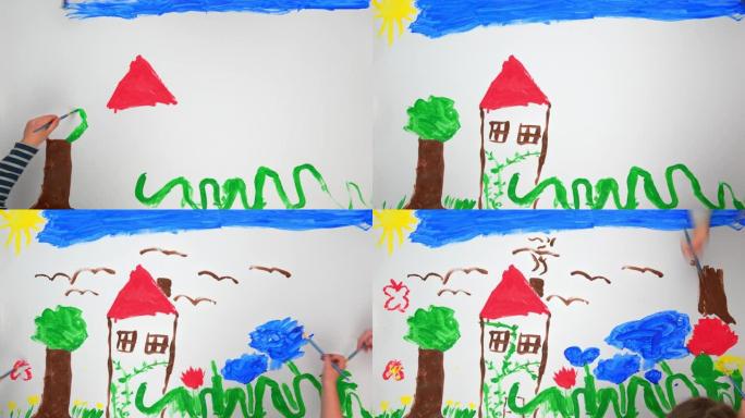 儿童在大自然中画房子的延时手