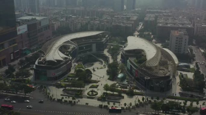 晴天雾霾广州市中心著名购物中心交通街空中俯拍全景4k中国