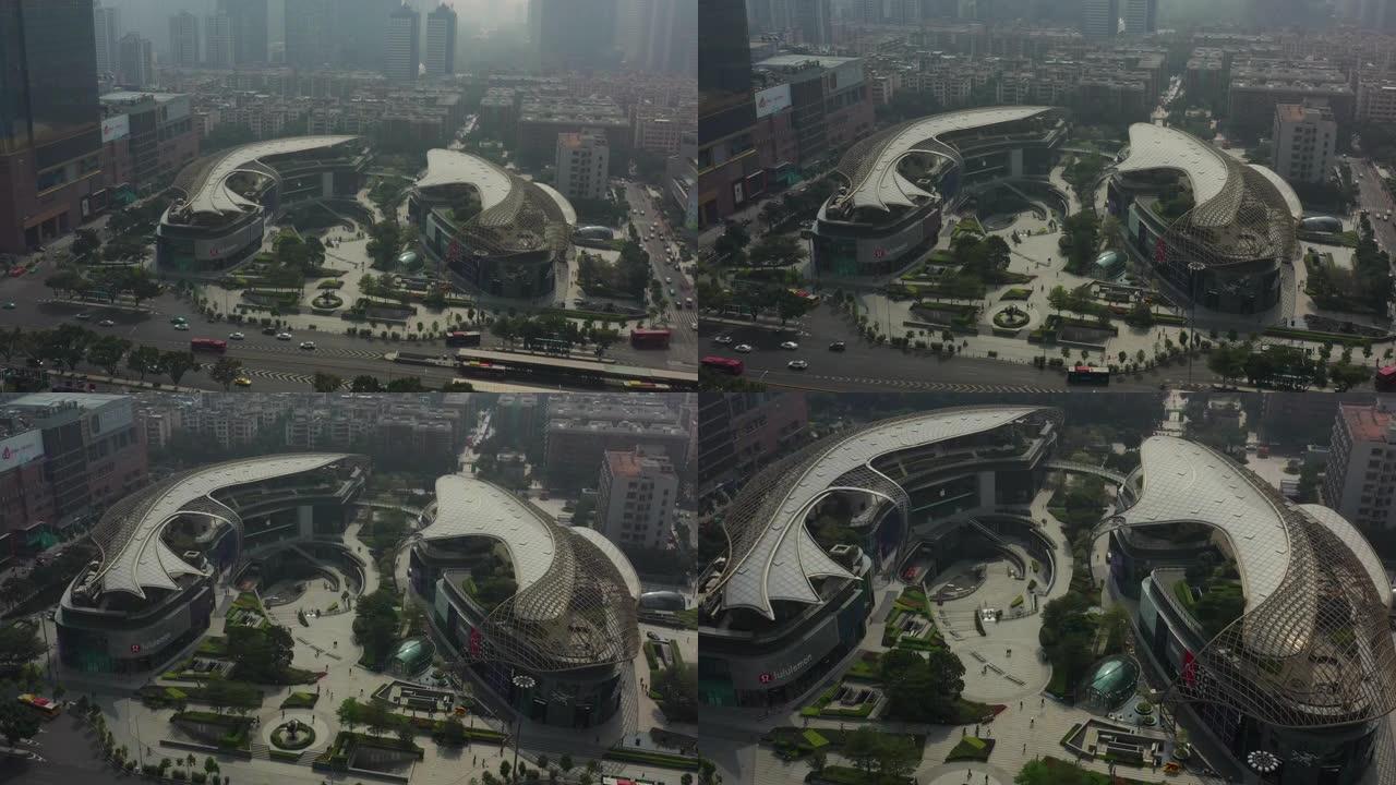 晴天雾霾广州市中心著名购物中心交通街空中俯拍全景4k中国