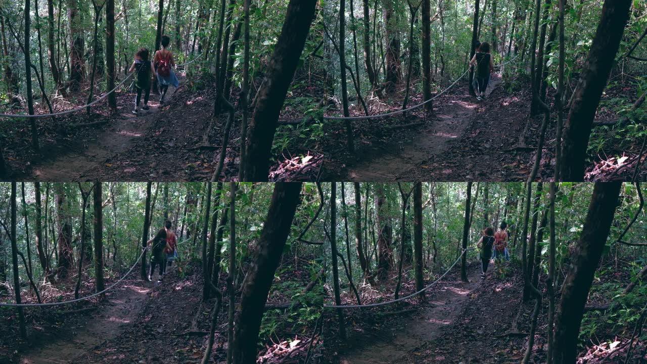 徒步旅行两个女孩背着背包在雨林丛林中行走，从后视图抓住人行道上的强力绳索