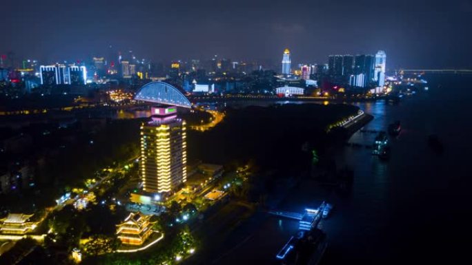 中国夜间照明武汉城市景观青川桥空中全景4k延时