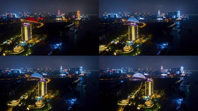 中国夜间照明武汉城市景观青川桥空中全景4k延时
