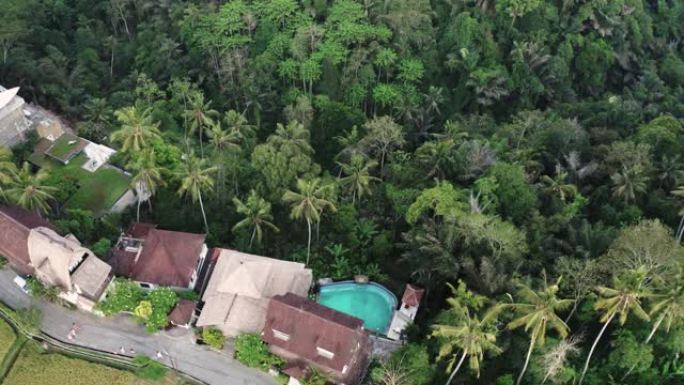印度尼西亚巴厘岛乌布雨林别墅和房屋的鸟瞰图。