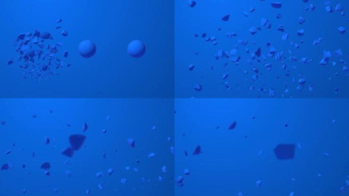 三个蓝色的球爆炸了。抽象3d动画。