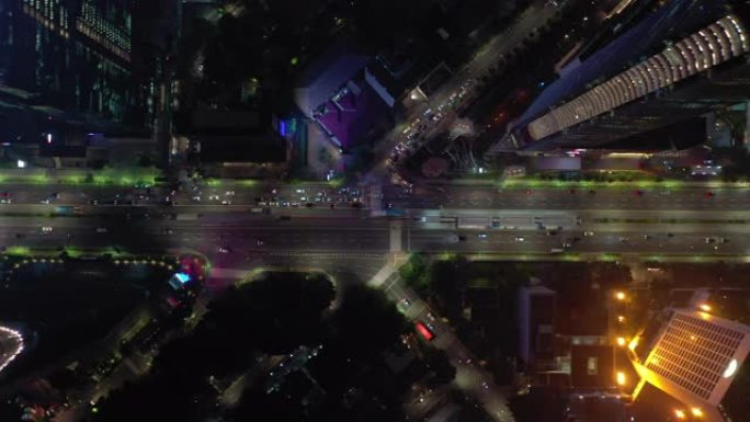 夜景照明雅加达市市中心交通街圈喷泉空中俯拍全景4k印度尼西亚