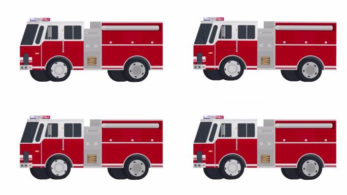 消防车。红色消防车的动画。卡通