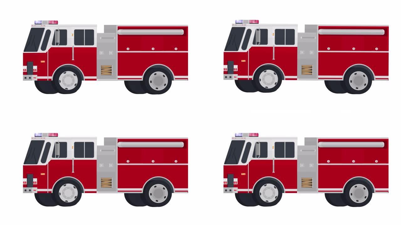 消防车。红色消防车的动画。卡通