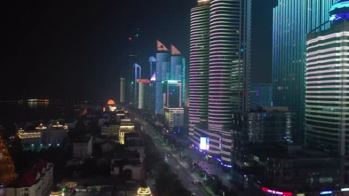 青岛市夜间照明交通街湾空中全景4k中国