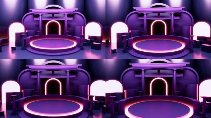 概念渐变紫色和蓝色抽象讲台展示。3D渲染