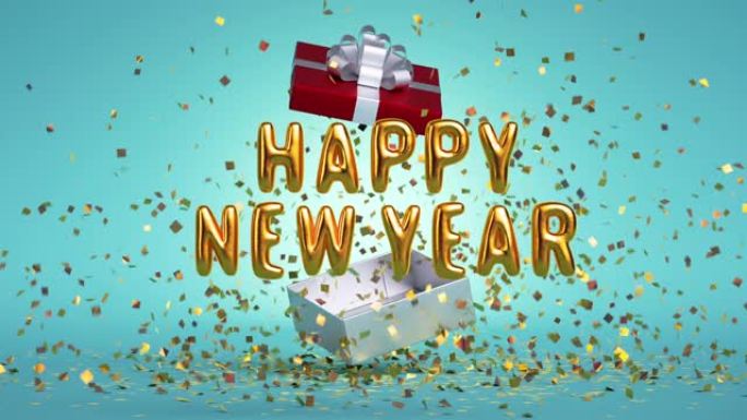 3d渲染，新年快乐动画贺卡，金色文字从礼品盒中跳跃，在蓝色背景上。气球字母悬浮，五彩纸屑爆炸。节日动
