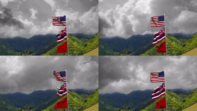 夏威夷檀香山美国国旗。阴天在夏威夷绿山的美国国旗