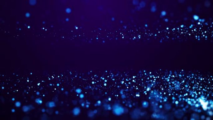 蓝色辉光粒子在带有散景的粘性液体中漂浮。神奇的光芒形成抽象的平面结构。节日活动4k的奇妙背景。亮度哑