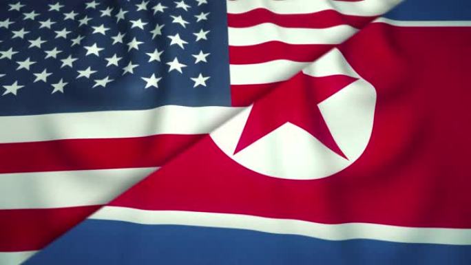 美国和朝鲜冲突概念，国家关系，外交，挥舞旗帜循环动画