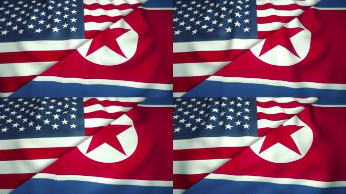 美国和朝鲜冲突概念，国家关系，外交，挥舞旗帜循环动画