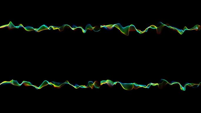 奇妙的五彩抽象分形线弯曲黑色。彩虹波浪