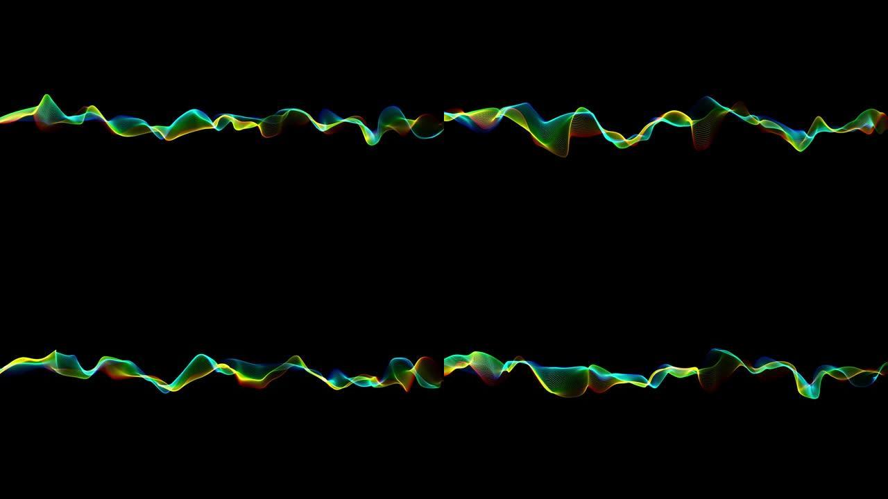 奇妙的五彩抽象分形线弯曲黑色。彩虹波浪