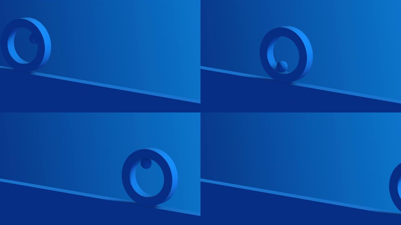 蓝色戒指和滚珠滚动。抽象3d动画。