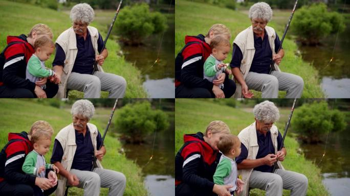 祖父和孙子钓鱼
