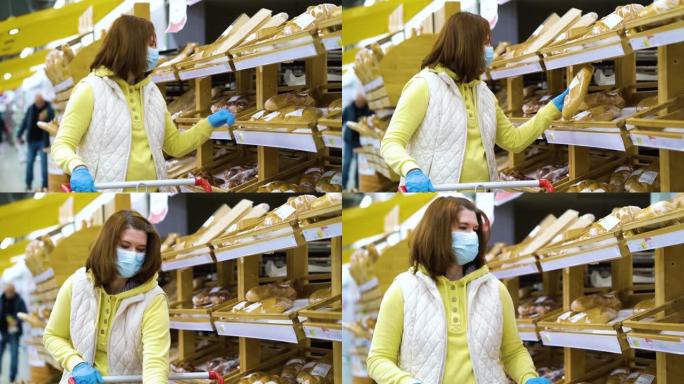 戴着医用口罩和手套的女人在杂货店购买新鲜面包