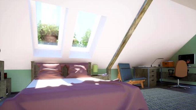 阁楼内部配有双人床和家庭办公室3D动画