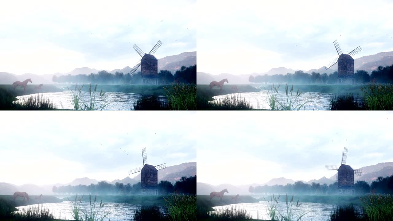 乡村雾蒙蒙的早晨风景，池塘旁有一个古老的风车和马匹，草木和植物在风中摇曳，背景是多云的天空。