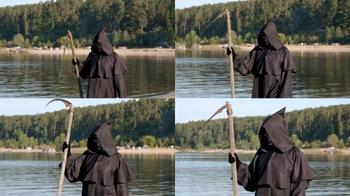死神带着镰刀在湖边行走